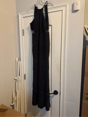 Black Halter Maxi Dress with Geometric Texture